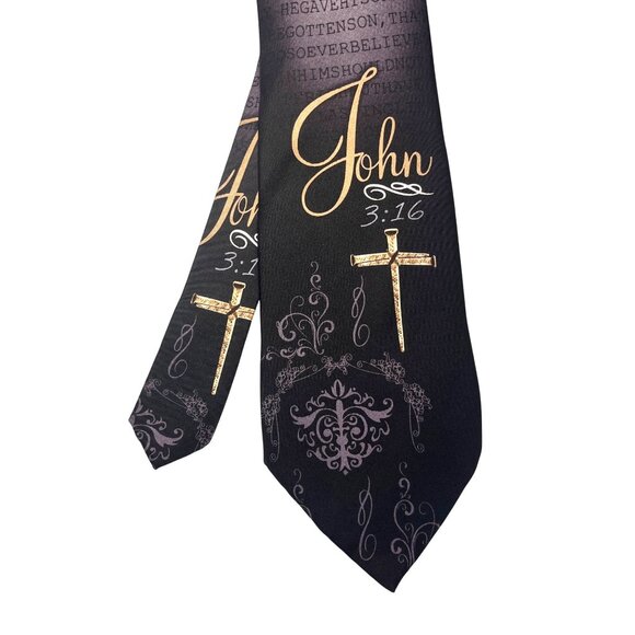 Eagles Wings Other - Eagles Wings John 3:16 Black Silk Tie With Gold Cross & Bible Scripture (Mix & M